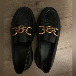 H&M platform Black Loafers with Gold Chain Accent